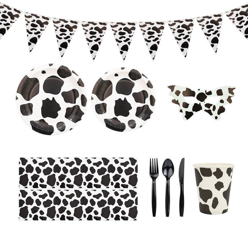 New Cartoon Farm Cow Theme Party Ranch Black and White Paper Plate Tablecloth Triangle Flag Party Set Goods