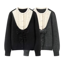 现货2025秋季新款宽松赫本风拼接蝴蝶结装饰针织开衫LF25D01ZC154