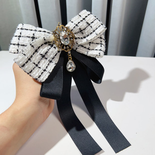 Korean Style Amazon Autumn and Winter Style Small Fragrant Style Alloy Rhinestone Big Bow Brooch Black Tie Women's Shirt Accessories