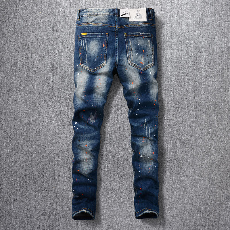 Men's Retro Blue Washed Jeans | Splatter Paint & Ripped Detail | Relaxed Straight Leg Denim Pants Comfortable Straight Leg Fit_viptrois.com
