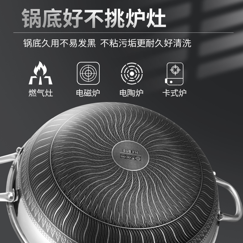 雙耳不鏽鋼大炒鍋家用少油煙無塗層炒菜鍋燃氣灶電磁爐柴火灶