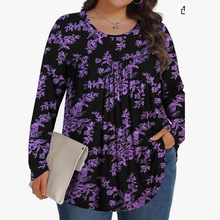 2025外贸亚马逊跨境新款圆领长袖套头大码花卉3D印花女式上衣T恤