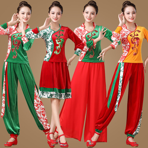 New Square Dance Costume Set Winter Cloud Skirt Gold Velvet Yangge Classical Dance Costume for Middle-Aged and Elderly Performance Wear