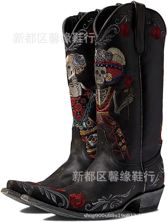 2023 new 35-43 plus size European and American embroidered flower skull chunky heel mid heel sleeve leather boots women's boots X620