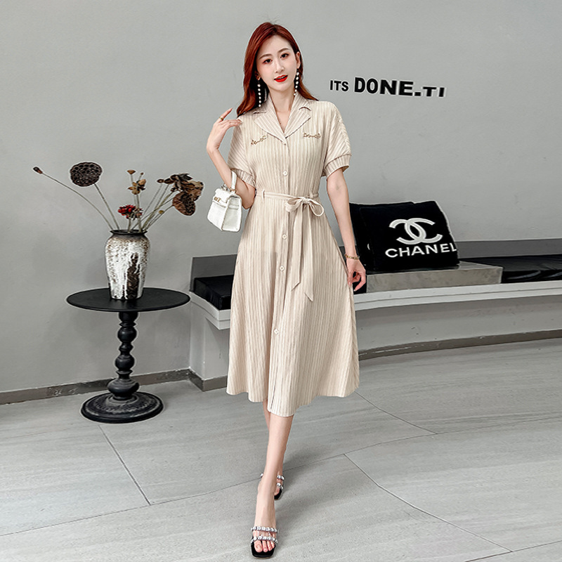 Summer Women's Tight Waist Lace-up Lapel Elegant Short-sleeved Dress Slimming Ruffle Elegant Fashionable A- Line Midi Dress