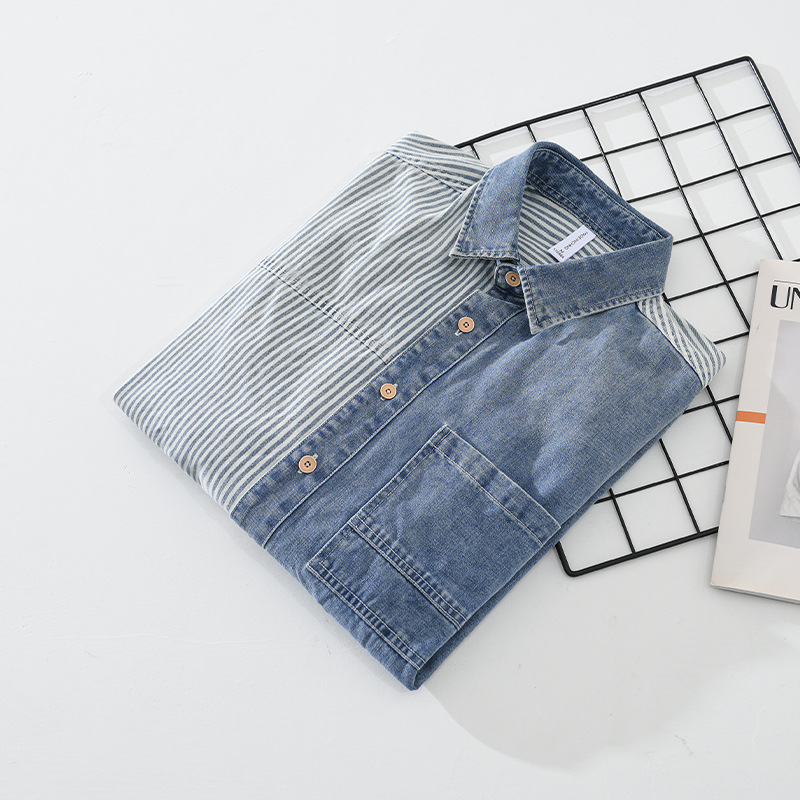 Herenkleding Denim Shirt Heren Lente en Herfst Casual Mode Tops Losse Verticale Strepen Splicing Lange Mouw Shirt_voghion.com
