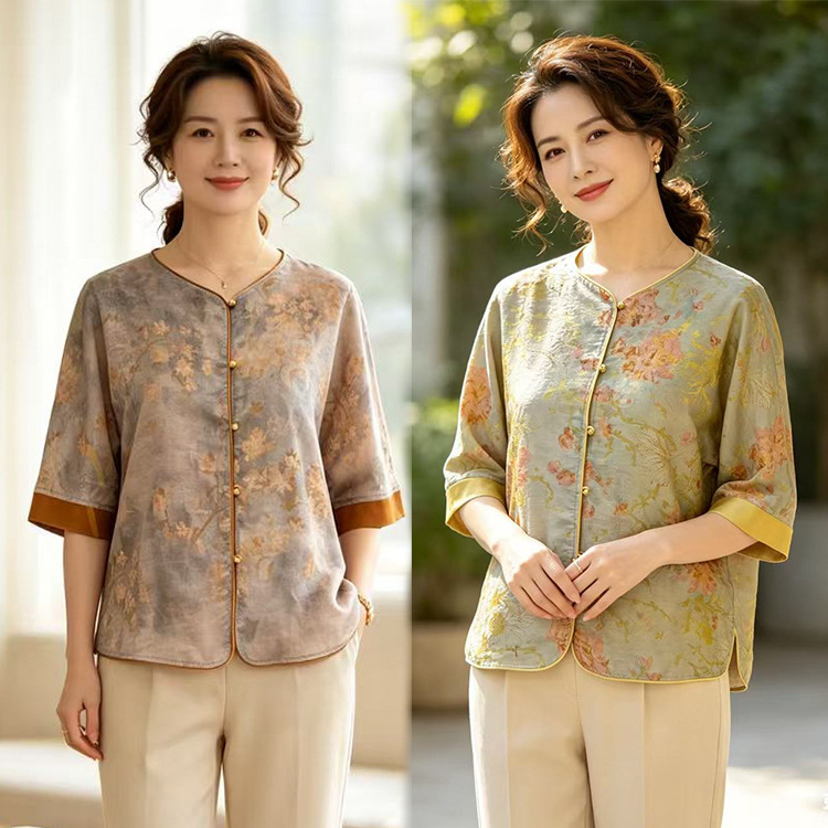 Summer Thin Printed Shirts for Middle-Aged and Elderly Women, Loose-Fitting and Slimming Design, Elegant and Stylish Tops