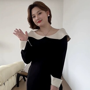 Whoopi Black and White Cold French Gentle Lotus Collar Contrast Stitching Top 2025
