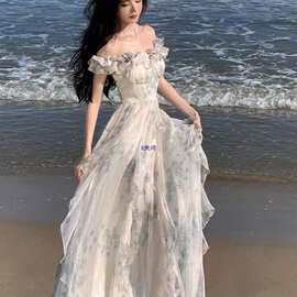 度假风碎花吊带裙纱法式荷叶边沙滩连衣裙氛围感长裙飘逸仙女长裙