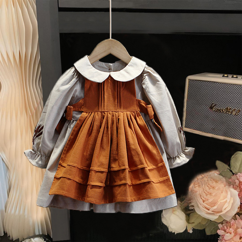 Abito da ragazza con colletto per bambola in edizione coreana, stagione primaverile e autunnale, nuova principessa della foresta a maniche lunghe alla moda per bambini_voghion.com