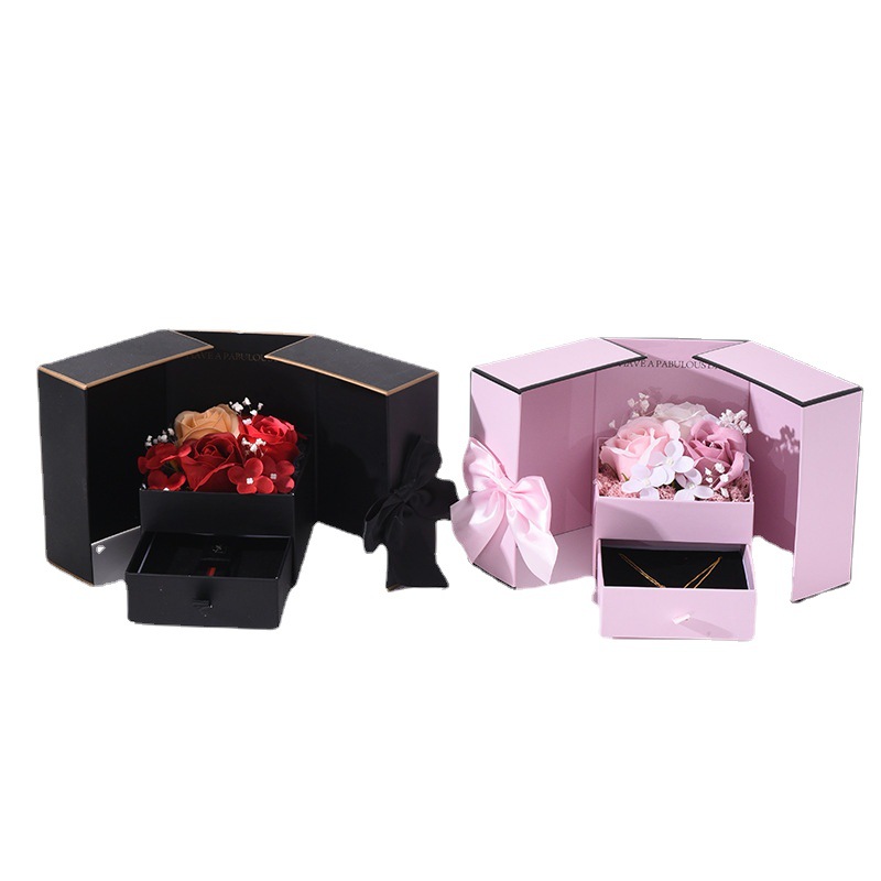 Día de San Valentín Inmortal Rose Joyas Caja de regalo Creativa de doble puerta Saponina Flor Lápiz labial Collar Caja de embalaje de regalo