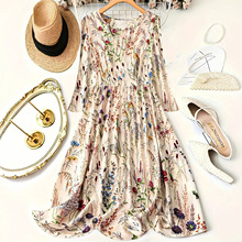 亚马逊跨境欧美秋冬新款长袖淡雅碎花修身显瘦法式复古优雅连衣裙