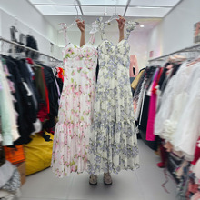 十三行澳洲小众印花欧根纱蝴蝶结长款连衣裙绑带收腰度假C1#2615