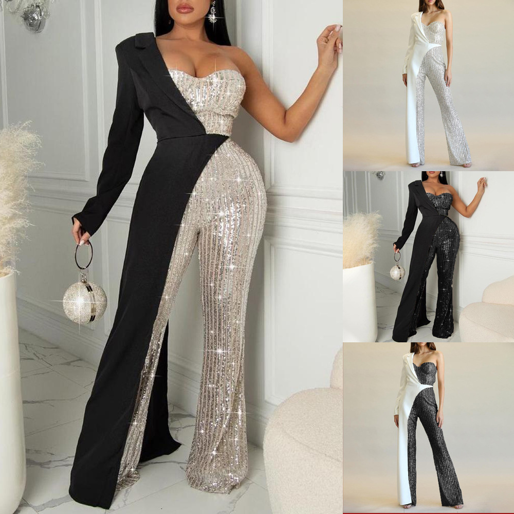 2025 New European and American Cross-Border E-Commerce Independent Station Women's Clothing Silver Splicing Sequined One-Shoulder Fashion Sequined Jumpsuit