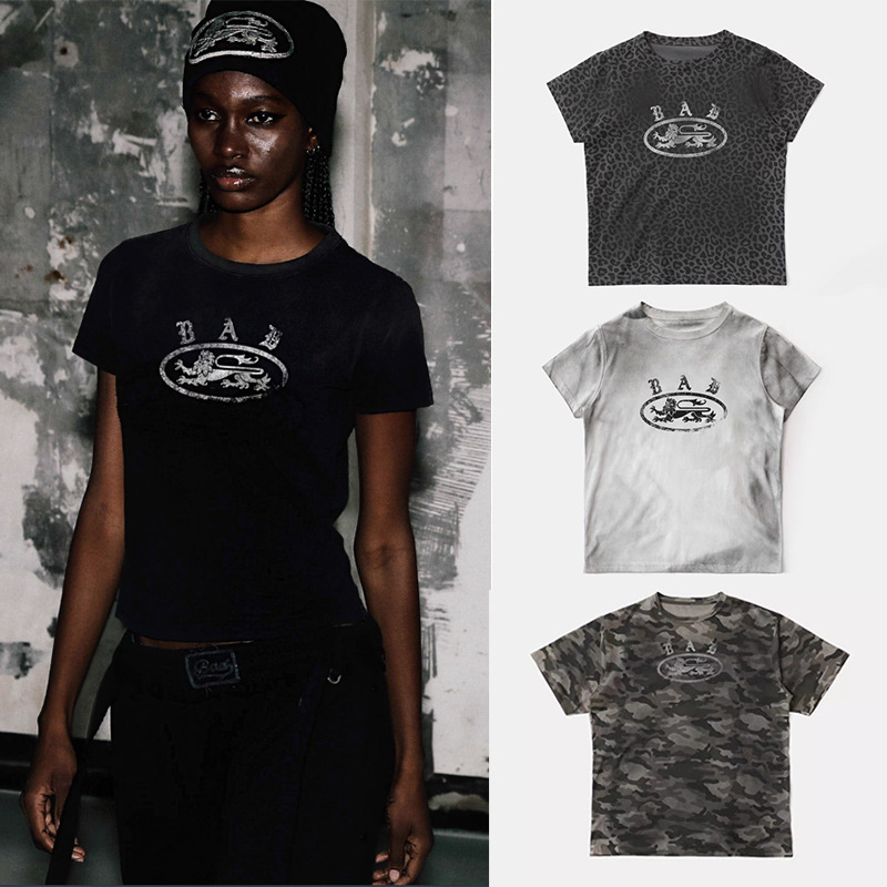 badblood美式复古豹纹短袖T恤修身显瘦辣妹运动休闲短款上衣女夏