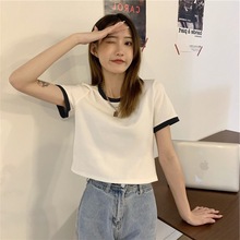 设计感拼接短袖T恤女夏韩国女装短款高腰撞色修身上衣 外贸时尚装