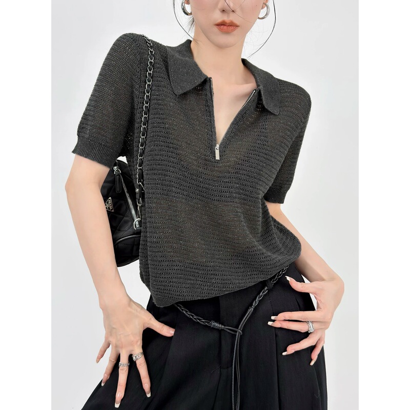 Old Money Style Lapel Half-Zip Hollow-Out Knit Sweater for Women, Summer Short-Sleeve Breathable Commuter Top Old Money Style Lapel Half-Zip Hollow-Out Knit Sweater for Women, Summer Short-Sleeve Breathable Commuter Top