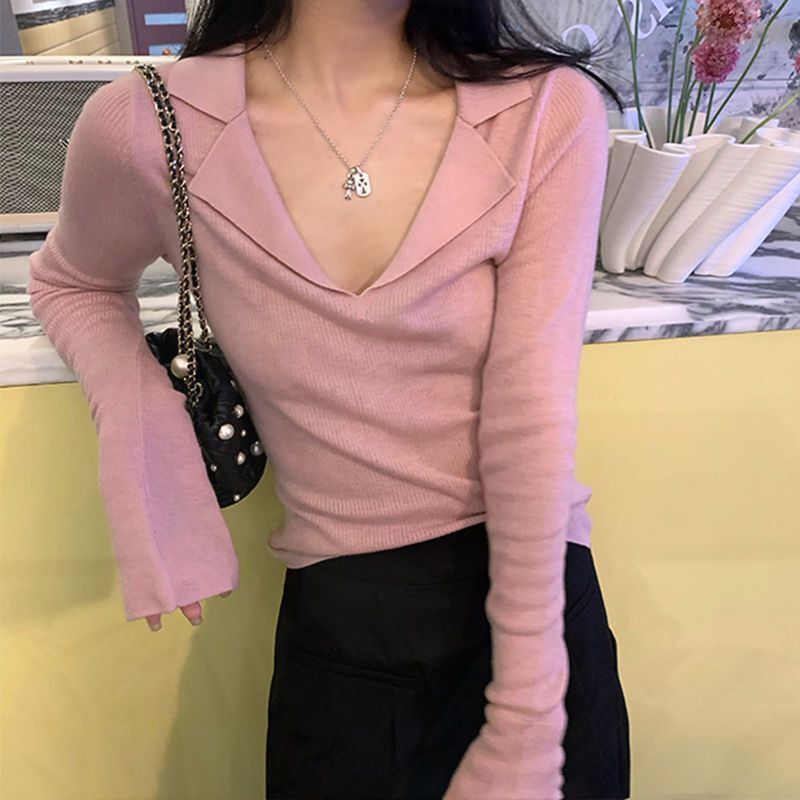 Early Autumn 2023 polo lapel knitted bottoming shirt Women's inner wear early autumn pure want to design bottoming sweater top Early Autumn 2023 polo lapel knitted bottoming shirt Women's inner wear early autumn pure want to design bottoming sweater top
