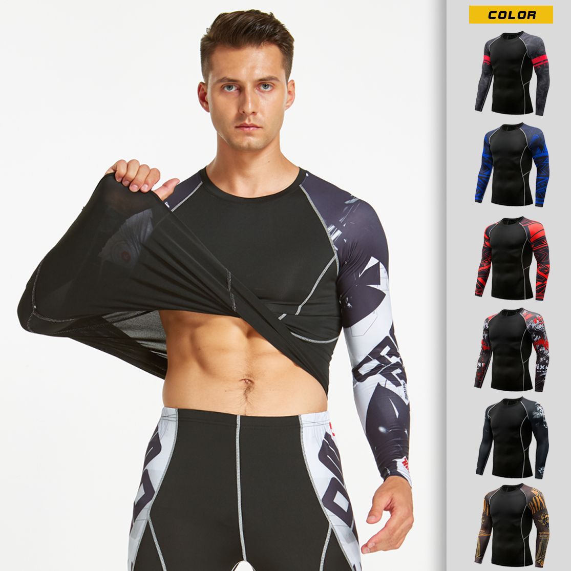 Cross-border Flower Arm High Elastic Sports Tights Breathable Quick-drying T-shirt Running Fitness Quick-drying Long-sleeved Men's Riding Wear
