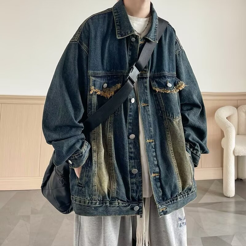 Spring and Autumn Popular Denim Jacket Men's American High Street Retro Washed Distressed Loose Handsome Couple Jacket Trendy