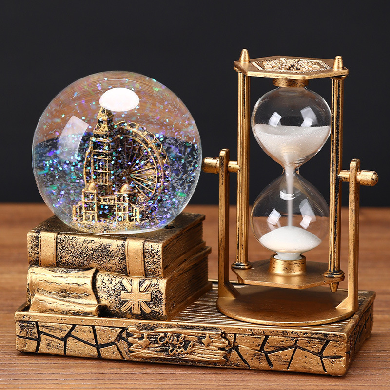 Retro Tower Hourglass Timer Crystal Ball Music Box Luminous Desktop Ornament Student Graduation Christmas Gift