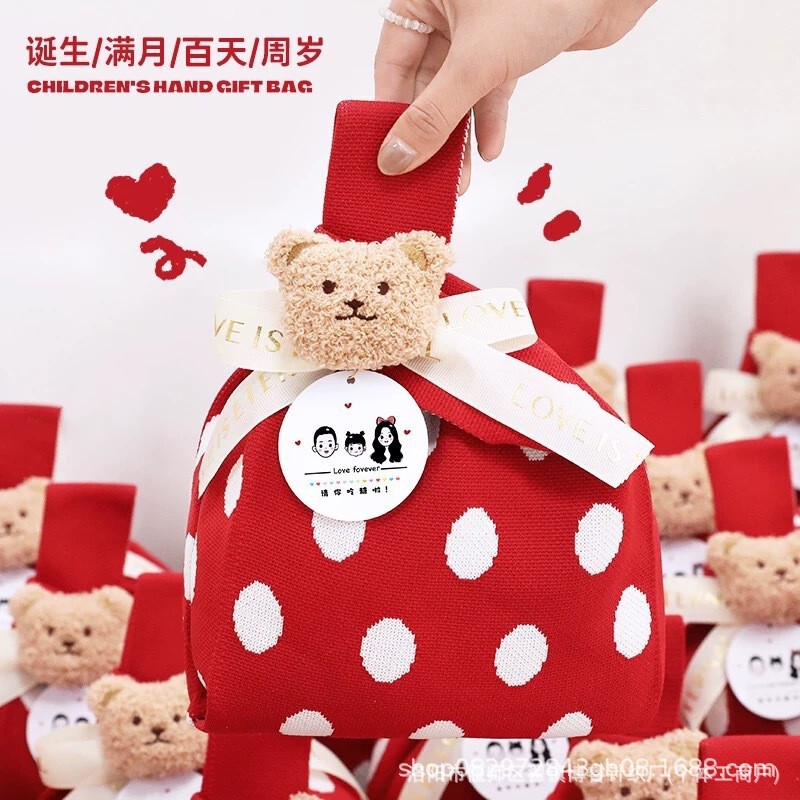 Little Bear Bobo Knitted Handbag Baby Souvenir Candy Bag Full Moon Birthday Return Gift Bag Red Polka Dot Creative Design Little Bear Bobo Knitted Handbag Baby Souvenir Candy Bag Full Moon Birthday Return Gift Bag Red Polka Dot Creative Design