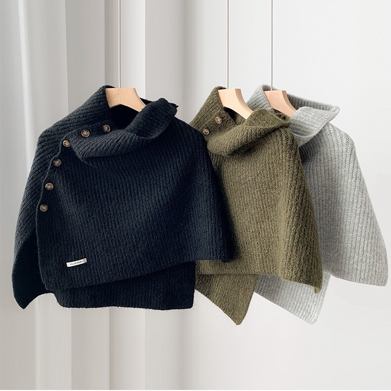 Split High Collar Wool Shawl Poncho Knitted Outfit Women's Autumn and Winter Wool Neck Pullover All-match Warm Buttons