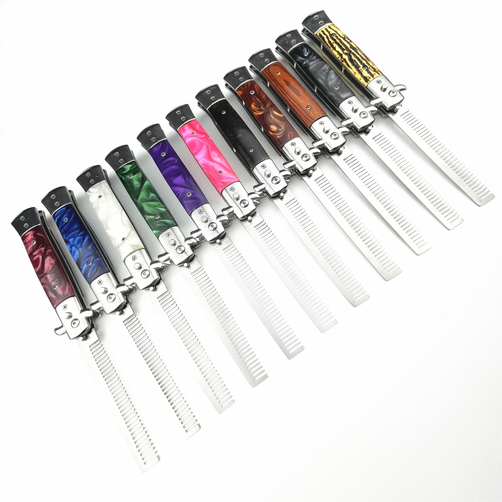 Mariposa cuchillo peine de acero inoxidable plegable de primavera espalda grande cabeza de aceite regalo de empresa peine para mascotas suministros ventas directas de la fábrica