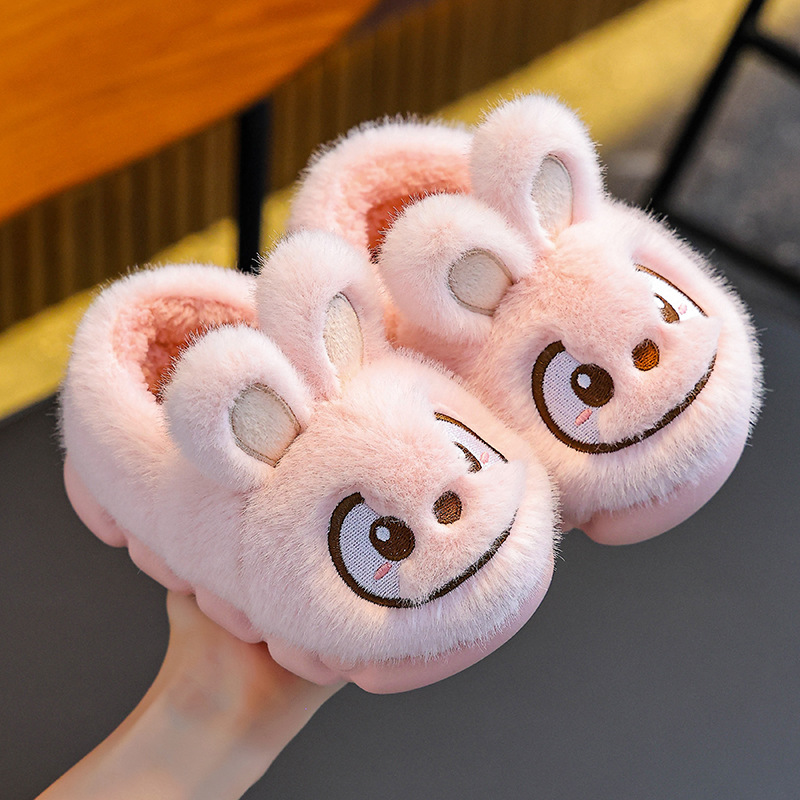 Zapatillas de algodón para niños de invierno para niños y niñas, calentamiento de lana para niños y niñas, conejos lindos para padres e hijos, zapatos de algodón para niños pequeños y medianos