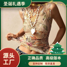 欧美跨境亚马逊2025秋冬新款无袖小高领时尚背心花卉修身显瘦上衣