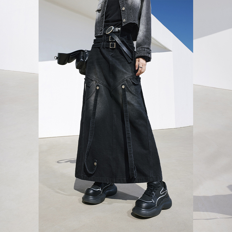 特价125元不退换 拓谷高腰开叉牛仔半身裙女秋款a字半裙工装长裙