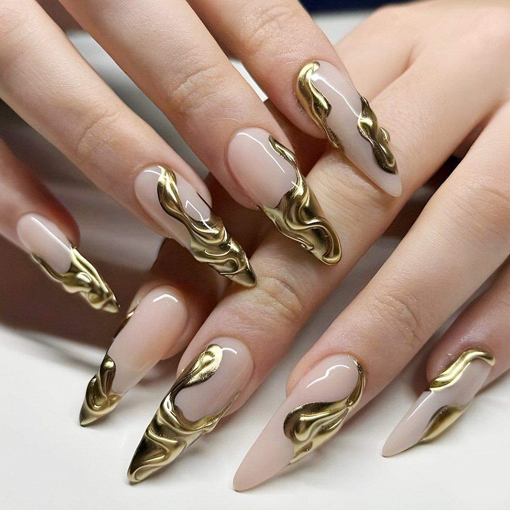 3D estereoscópico oro lipa francés manicure polvo desnudo transfronterizo lujoso noble wear uña 24 piezas de parche de uñas