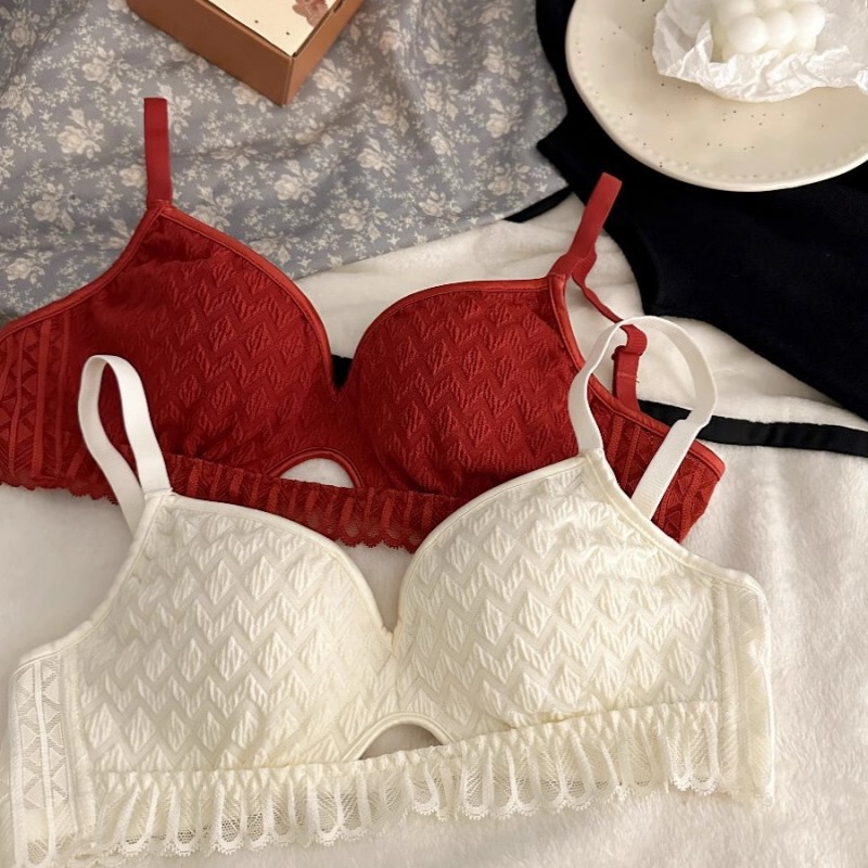 Bride's Wedding Red Lace Sexy Intimates for Women with Small Breasts, No Rims, Push-Up and Auxiliary Breast Comfort, Pure Lust Bra