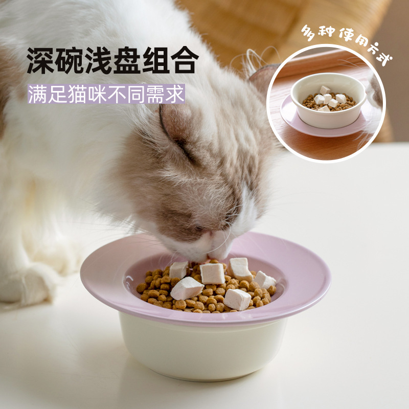 Cerámica alta y baja pie anti-voltar tazón para gatos comida para gatos bocadillos congelados enlatados anti-columna cervical platos para mascotas comida para perros doble tazón