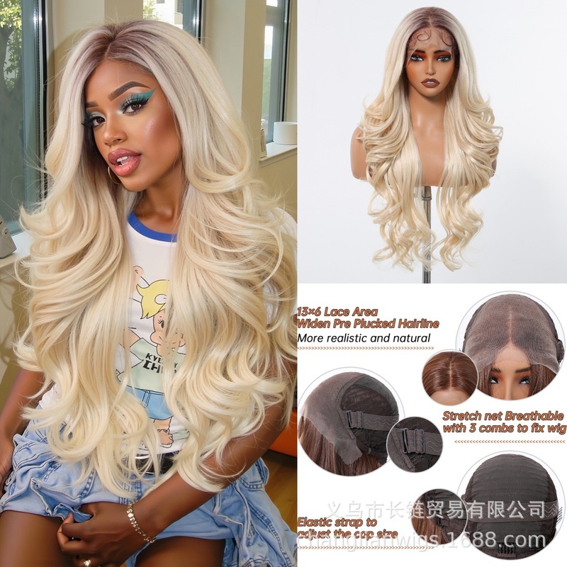 European and American New Products 13*6 Large Area Lace Wig Imported Matte Gold Free Seam Long Curly Hair Women's High Temperature Resistance