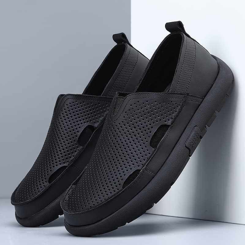 Dép sandal nam da bò đế bằng mũi tròn kiểu lười thoáng khí, đế cao 1 cm — Trắng CB9926-2, Đen CB9926-2