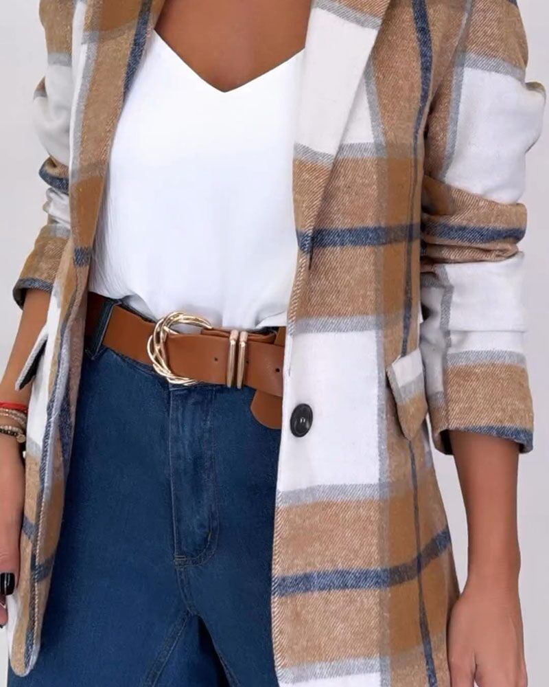Women's Plaid Woolen Blazer Jacket - Elegant Autumn Outerwear_voghion.com