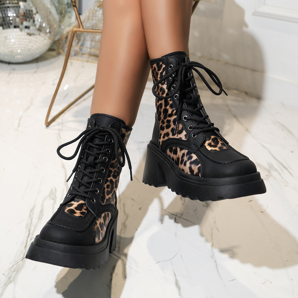 Leopard Print Short Boots For Women Autumn Lace Up Thick Sole Large Size Fashion New_vogvips.com