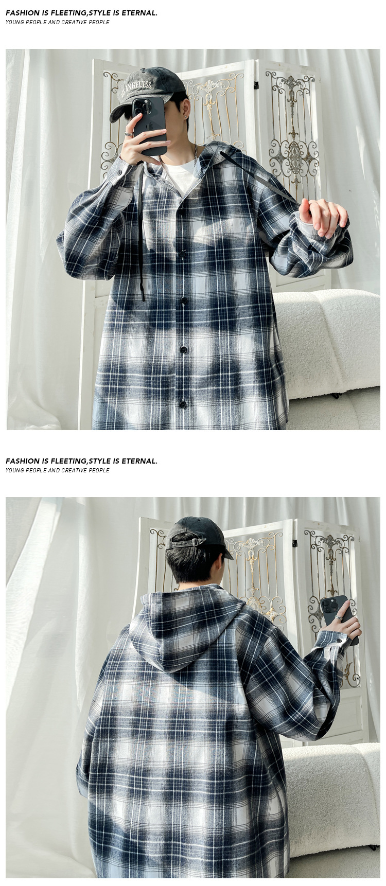 Plaid Hooded Shirt Jacket For Men American Retro Style Oversized_voghion.com