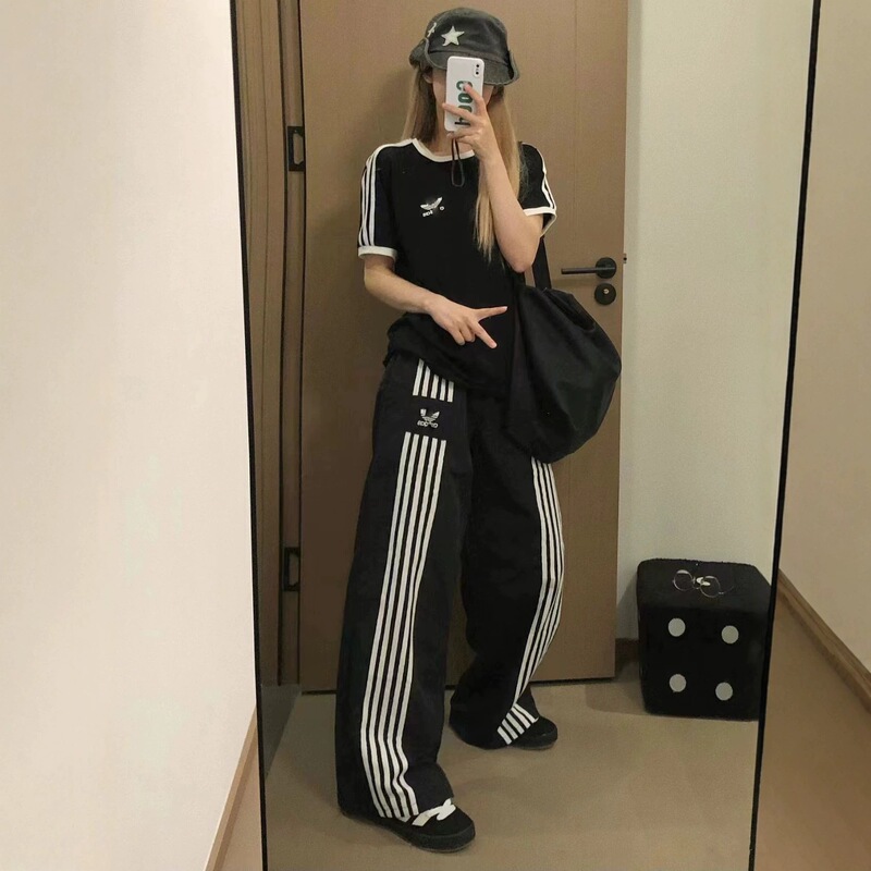 Cross-border clover casual pants for men and women, summer versatile loose three-stripe wide-leg pants, Korean-style fashion sports pants