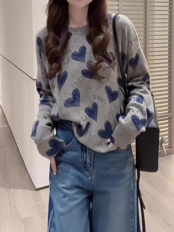 慵懒宽松长袖针织衫毛衣女2025秋季大码胖MM显瘦减龄爱心字母上衣|undefined