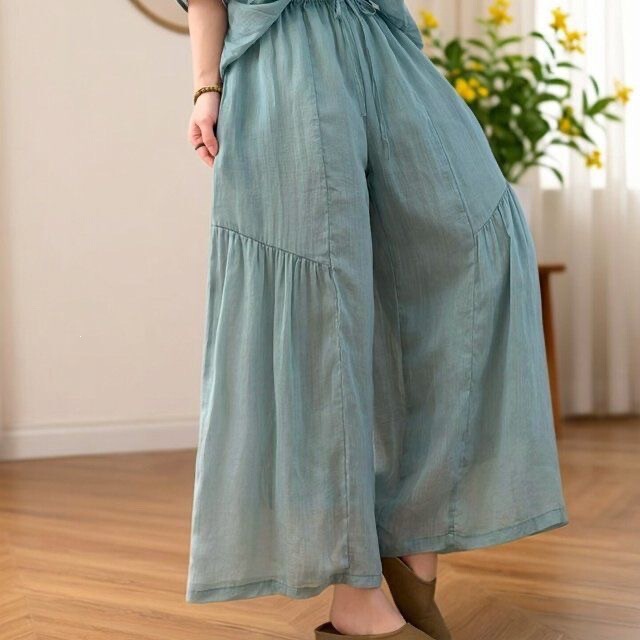 Summer candy-colored cotton wide-leg pants for women, new artistic loose casual pear-shaped versatile drawstring spliced cropped pants Summer candy-colored cotton wide-leg pants for women, new artistic loose casual pear-shaped versatile drawstring spliced cropped pants