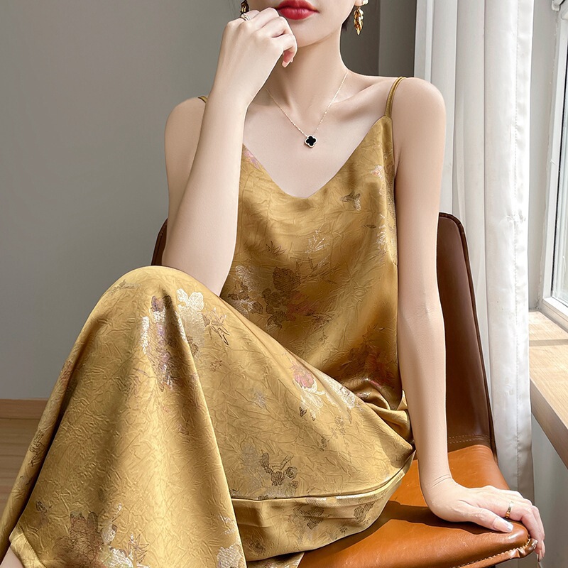 Silk Satin 2025 Spring and Summer New Women's V-neck Slip Skirt Printed Waist Long Skirt Mid-length Over-the-knee dress