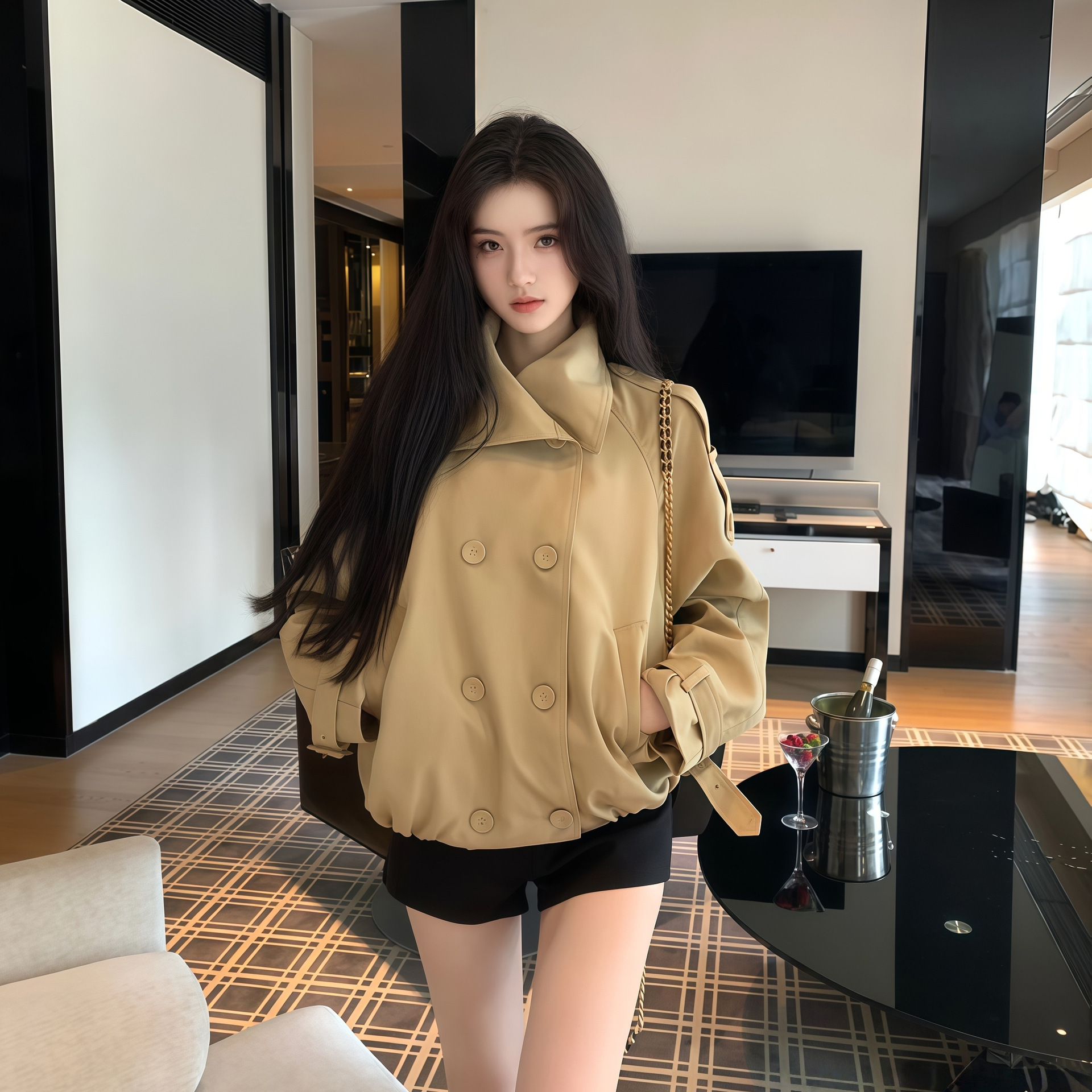 Khaki Stand-Up Collar Windbreaker for Women 2025 Spring and Autum New Style Small High-End Double-Breasted British Style Jacket