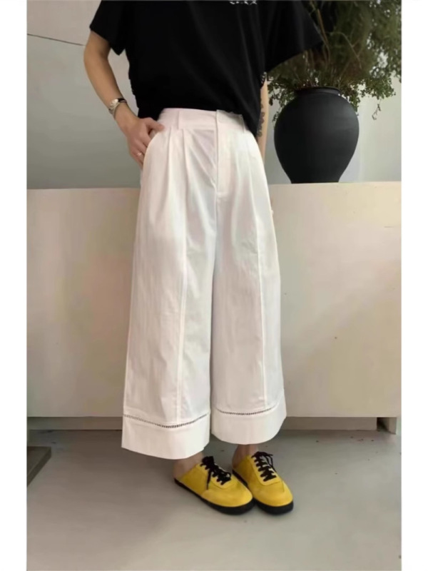 女性用ウォッシュド高品質スプライシングハイウエストワイドレッグパンツ2025夏人気の年齢軽減デザインスリムストレート9点パンツ|undefined