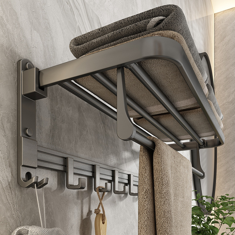 Towel Rack Bathroom No-Drill Wall-Mounted Storage Shelf Space Aluminum Gun Gray Bath Towel Rack