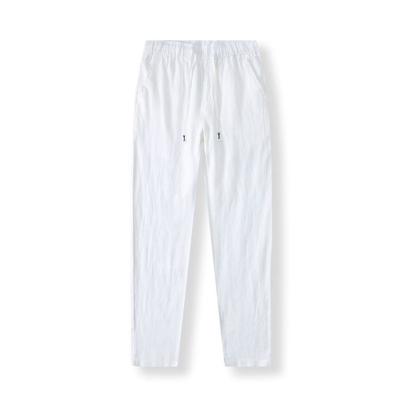 Pure Linen Breathable Chinese Style New Gray Blue Long Summer Thin Simple Casual Men's Pants White_viptrois.com
