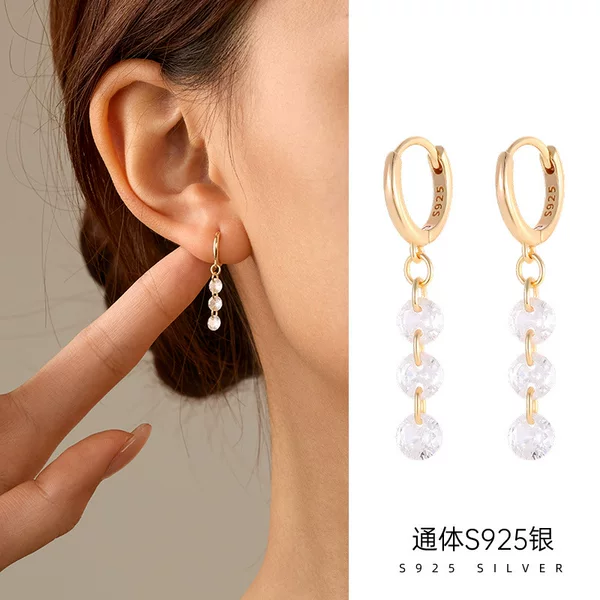 Under the Banyan Tree S925 Sterling Silver High-End Three-Diamond Tassel Earrings for Women, Plated with 14K Gold, Elegant French-Style Ins Hoop Earrings