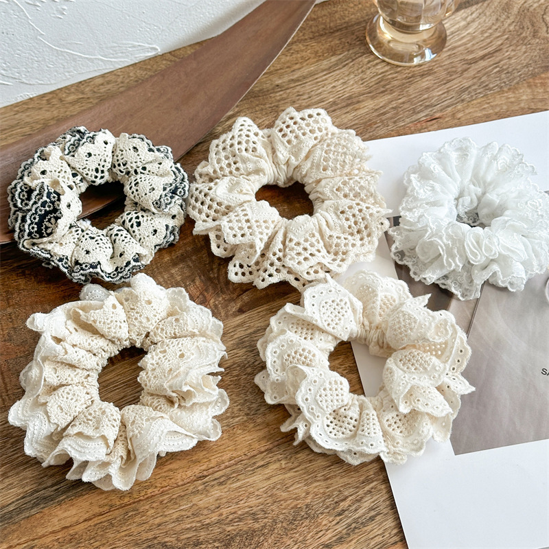 Three-State New Sense Hair Ring Hollow Lace Multi-Layer Pleated Large Intestine Hair Ring Handmade display picture 7