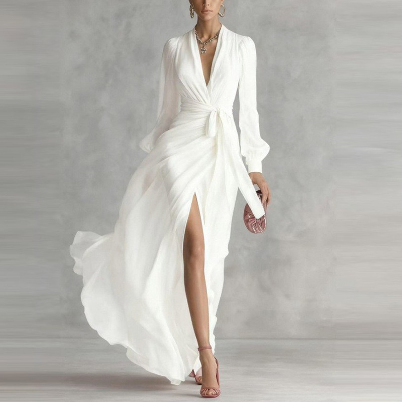 2026 European and American Cross-Border New Style V-Neck Solid Color Waist-Cinching Long-Sleeve Design High-Slit Flowing Chiffon Dress for Women
